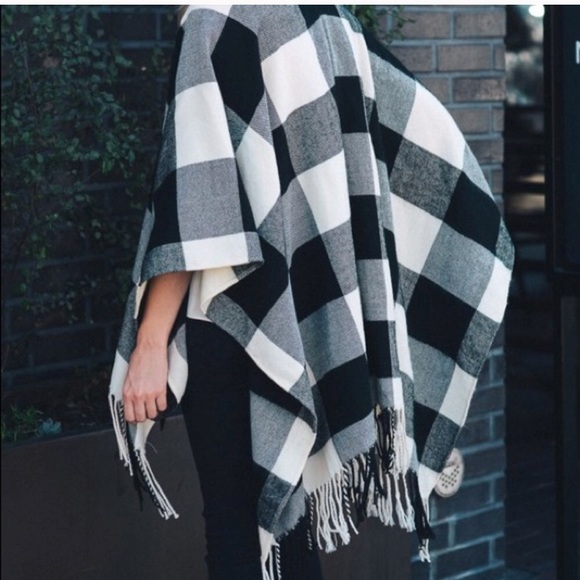 Ivory & Black Buffalo Plaid Poncho Sweater Wrap - Picture 3 of 4